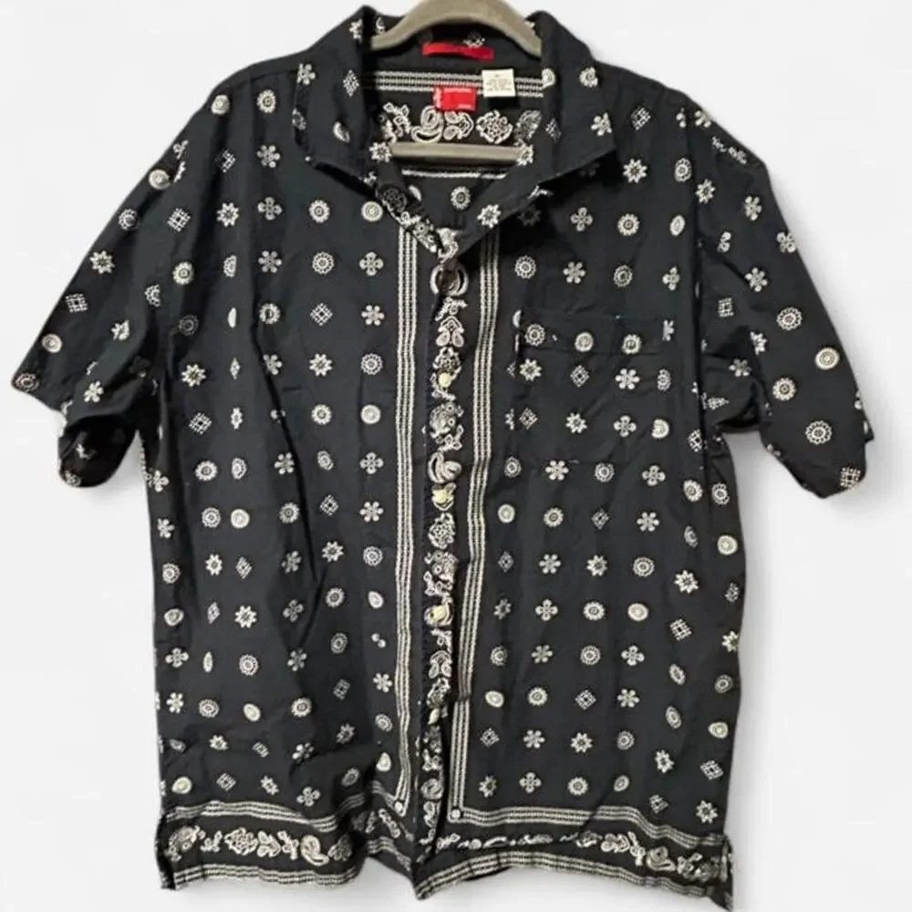 Large Big & Tall short sleeve button up Levi's navy blue bandana style shirt